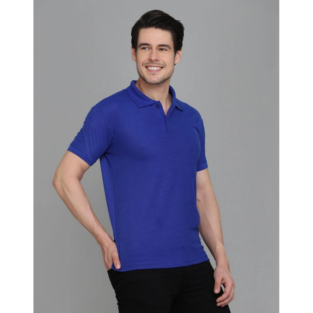 Generic Men's Casual Half Sleeve Solid Cotton Blended Polo Neck T-shirt (Blue)