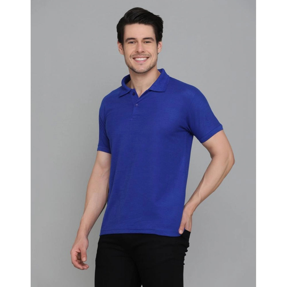 Generic Men's Casual Half Sleeve Solid Cotton Blended Polo Neck T-shirt (Blue)