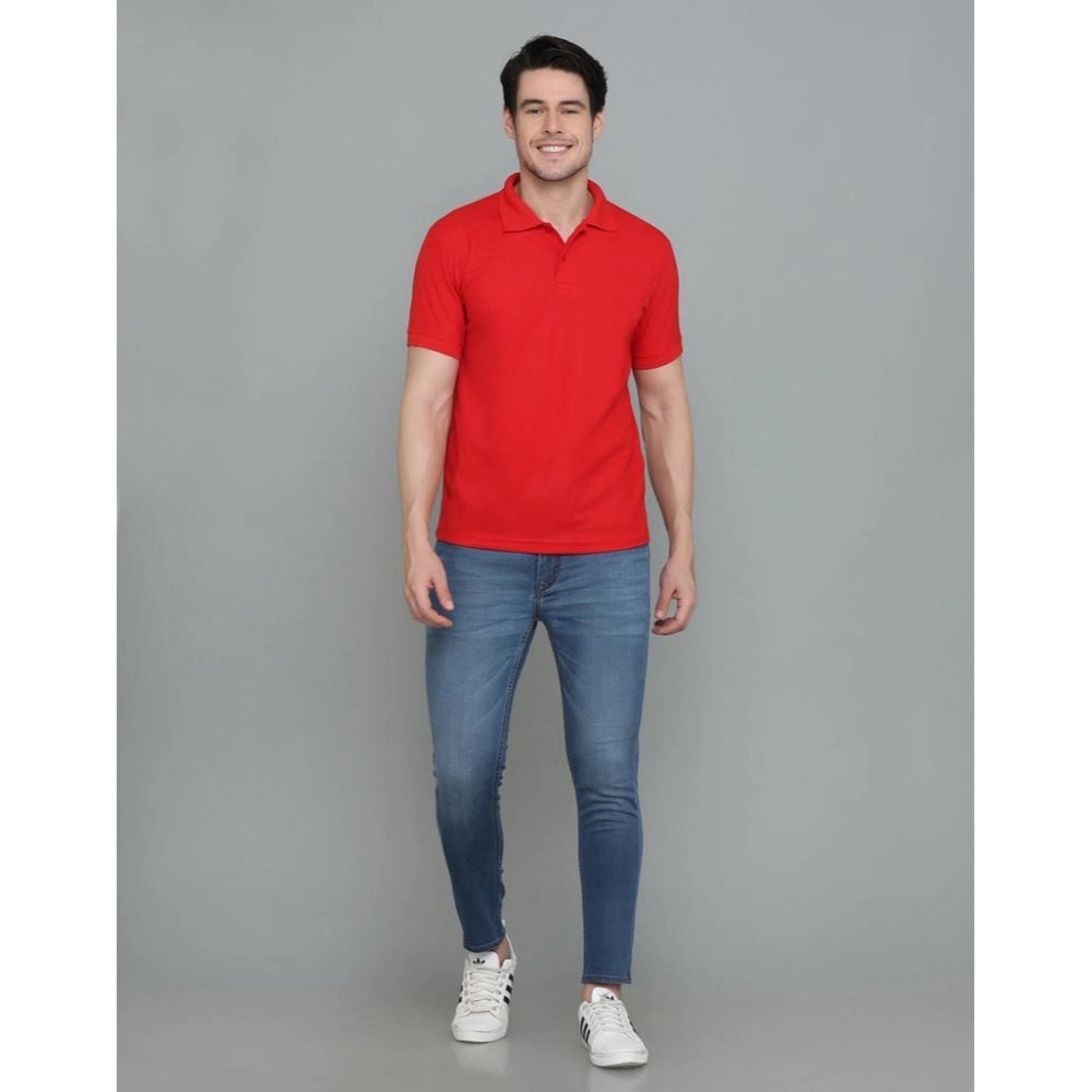 Generic Men's Casual Half Sleeve Solid Cotton Blended Polo Neck T-shirt (Red)