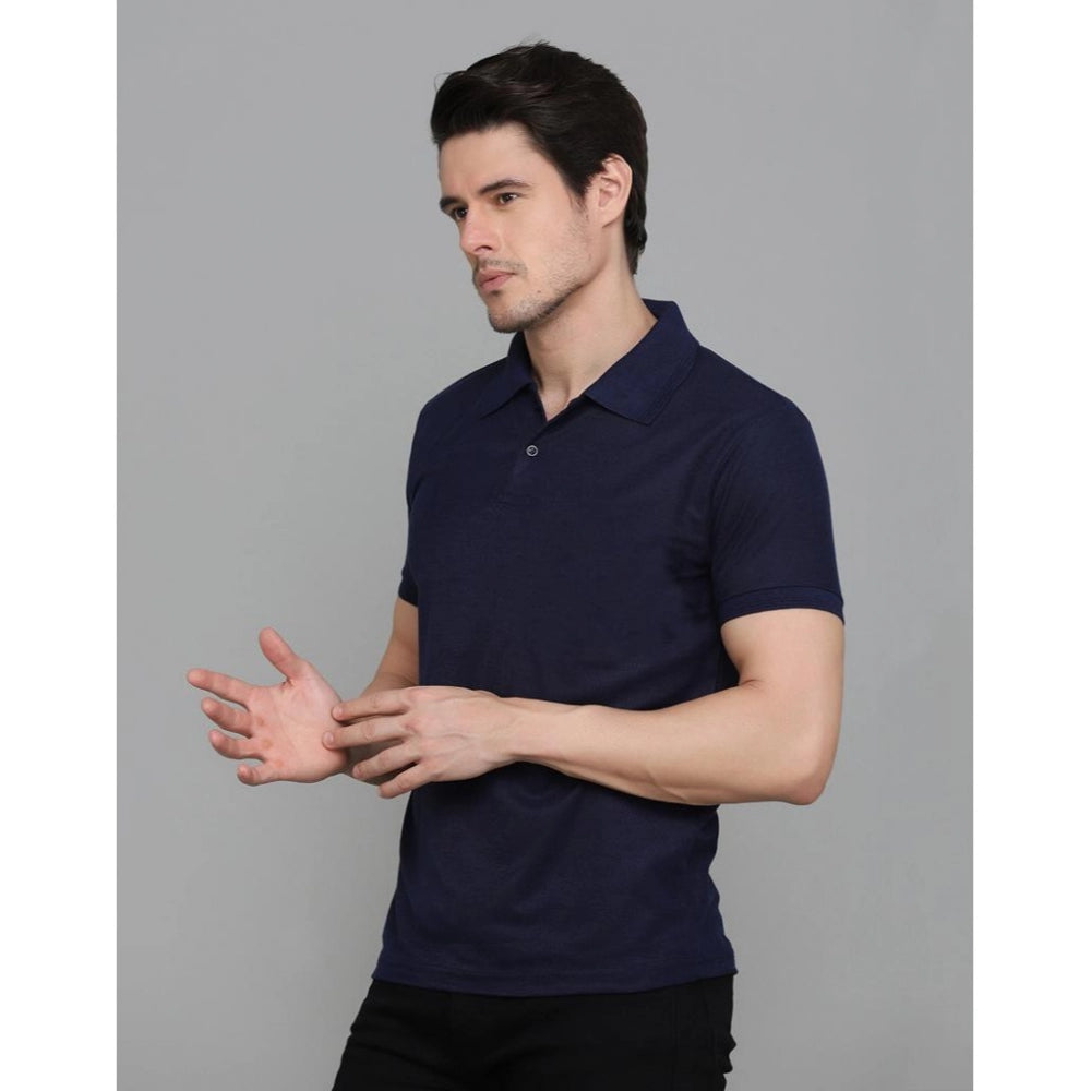 Generic Men's Casual Half Sleeve Solid Cotton Blended Polo Neck T-shirt (Navy Blue)