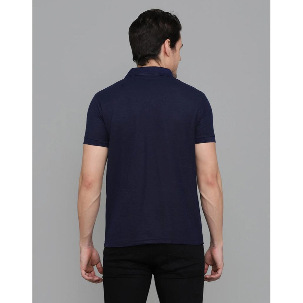 Generic Men's Casual Half Sleeve Solid Cotton Blended Polo Neck T-shirt (Navy Blue)