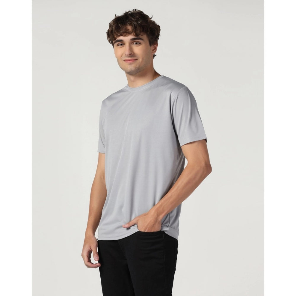 Generic Men's Casual Half Sleeve Solid Polyester Round Neck T-shirt (Lgrey)