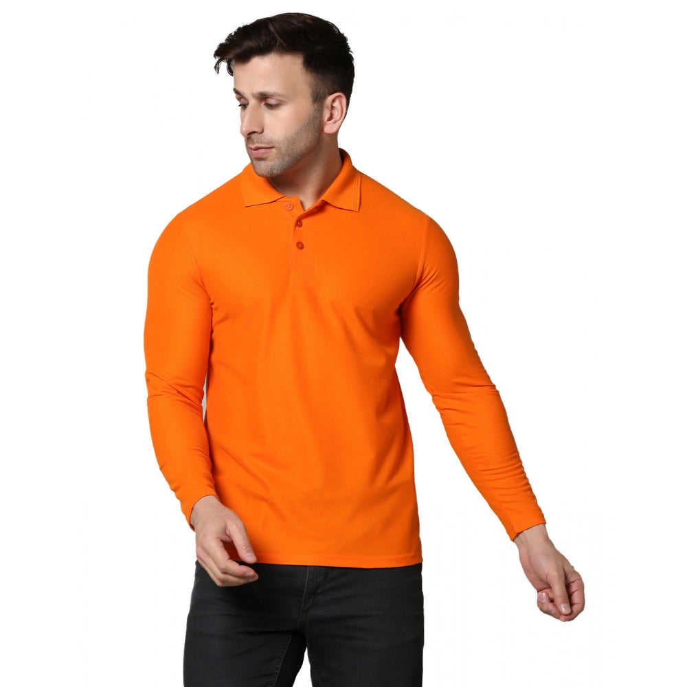 Generic Men's Casual Full Sleeve Solid Cotton Blended Polo Neck T-shirt (Orange)