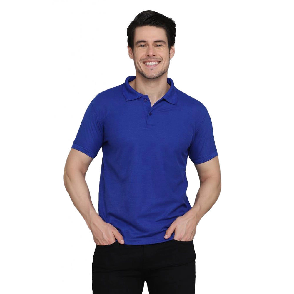 Generic Men's Casual Half Sleeve Solid Cotton Blended Polo Neck T-shirt (Blue)