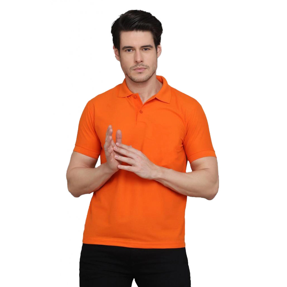 Generic Men's Casual Half Sleeve Solid Cotton Blended Polo Neck T-shirt (Orange)