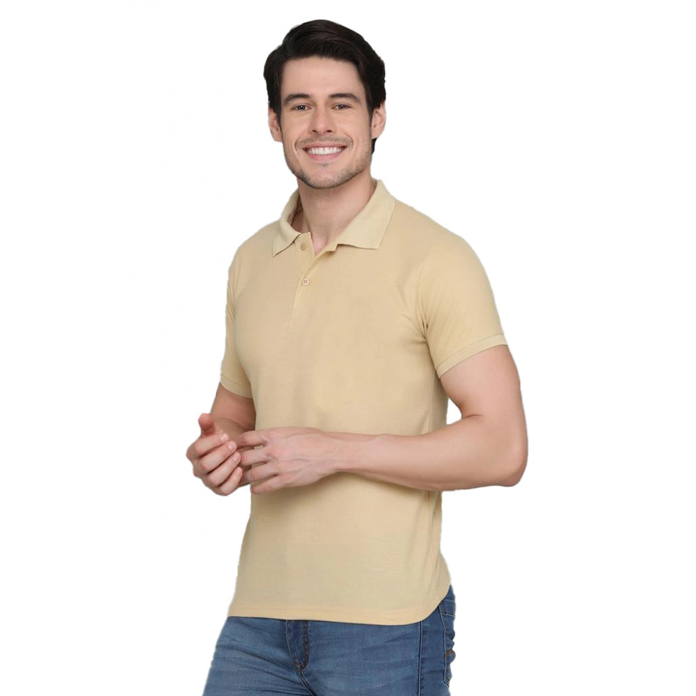 Generic Men's Casual Half Sleeve Solid Cotton Blended Polo Neck T-shirt (Beige)