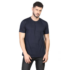 Generic Men's Casual Half Sleeve Solid Cotton Blended Round Neck T-shirt (Dark Blue)