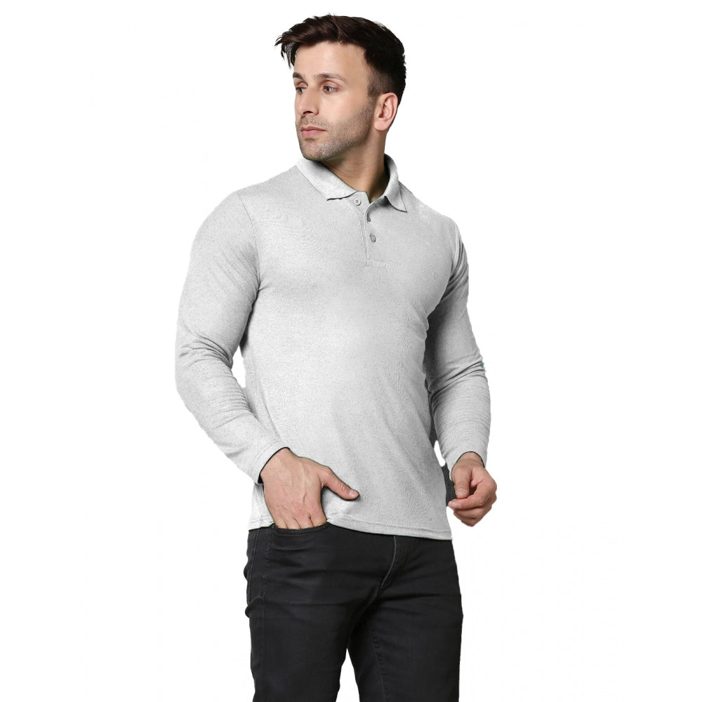 Generic Men's Casual Full Sleeve Solid Cotton Blended Polo Neck T-shirt (L.Grey)