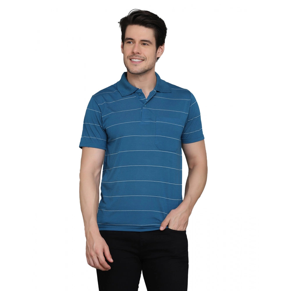 Generic Men's Casual Half Sleeve Striped Cotton Blended Polo Neck T-shirt (Teel Blue)