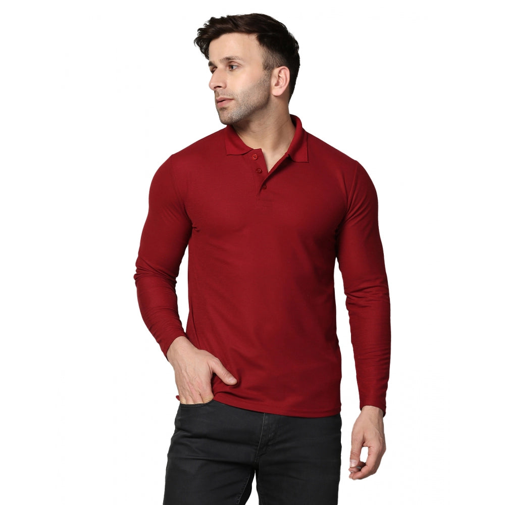 Generic Men's Casual Full Sleeve Solid Cotton Blended Polo Neck T-shirt (Maroon)