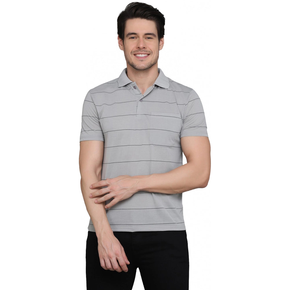 Generic Men's Casual Half Sleeve Striped Cotton Blended Polo Neck T-shirt (L.Grey)