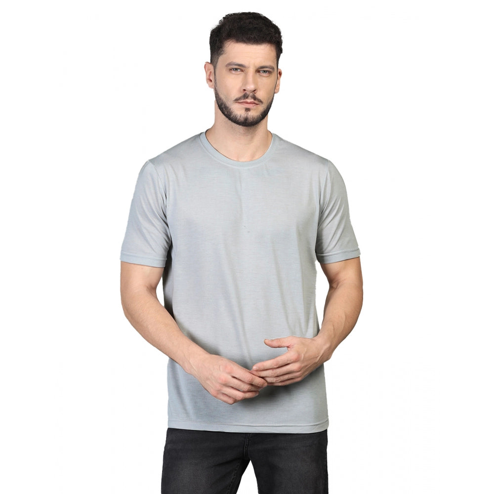 Generic Men's Casual Half Sleeve Solid Cotton Blended Round Neck T-shirt (Grey)