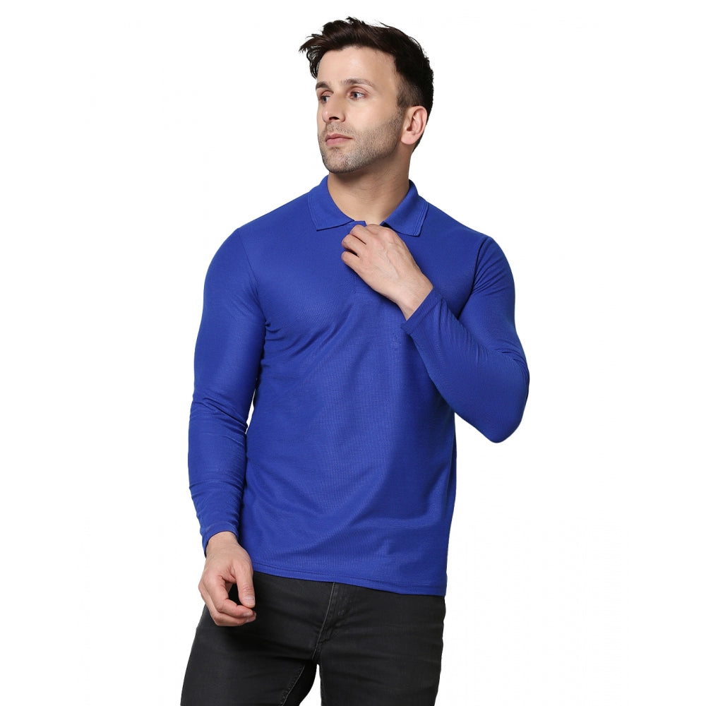 Generisches Herren-T-Shirt mit langem Arm, einfarbig, Polokragen, aus Baumwollmischung (Royalblau)