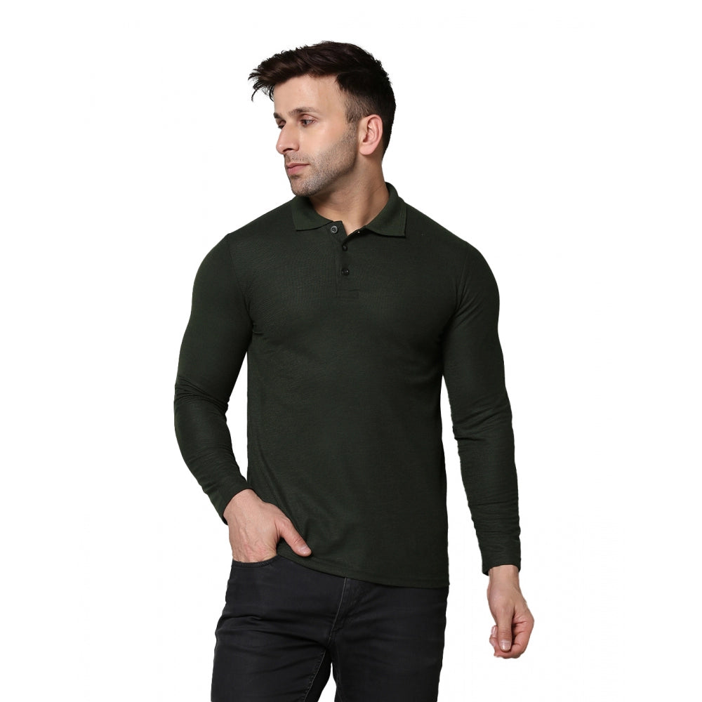 Generic Men's Casual Full Sleeve Solid Cotton Blended Polo Neck T-shirt (B.Green)