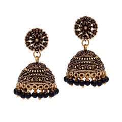 Generic Women's Rajasthani Traditional Wedding Collection Floral Design Gold Oxidised Black Color Jhumki Earrings