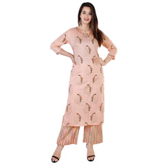 Generic Women's Casual 3/4 Sleeve Printed Rayon Kurti With Palazzo Set (Peach)