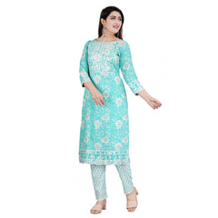 Generisches Damen-Set aus lässigem Viskose-Kurti mit 3/4-Ärmeln, bestickt, mit Hose und Dupatta (Seegrün)