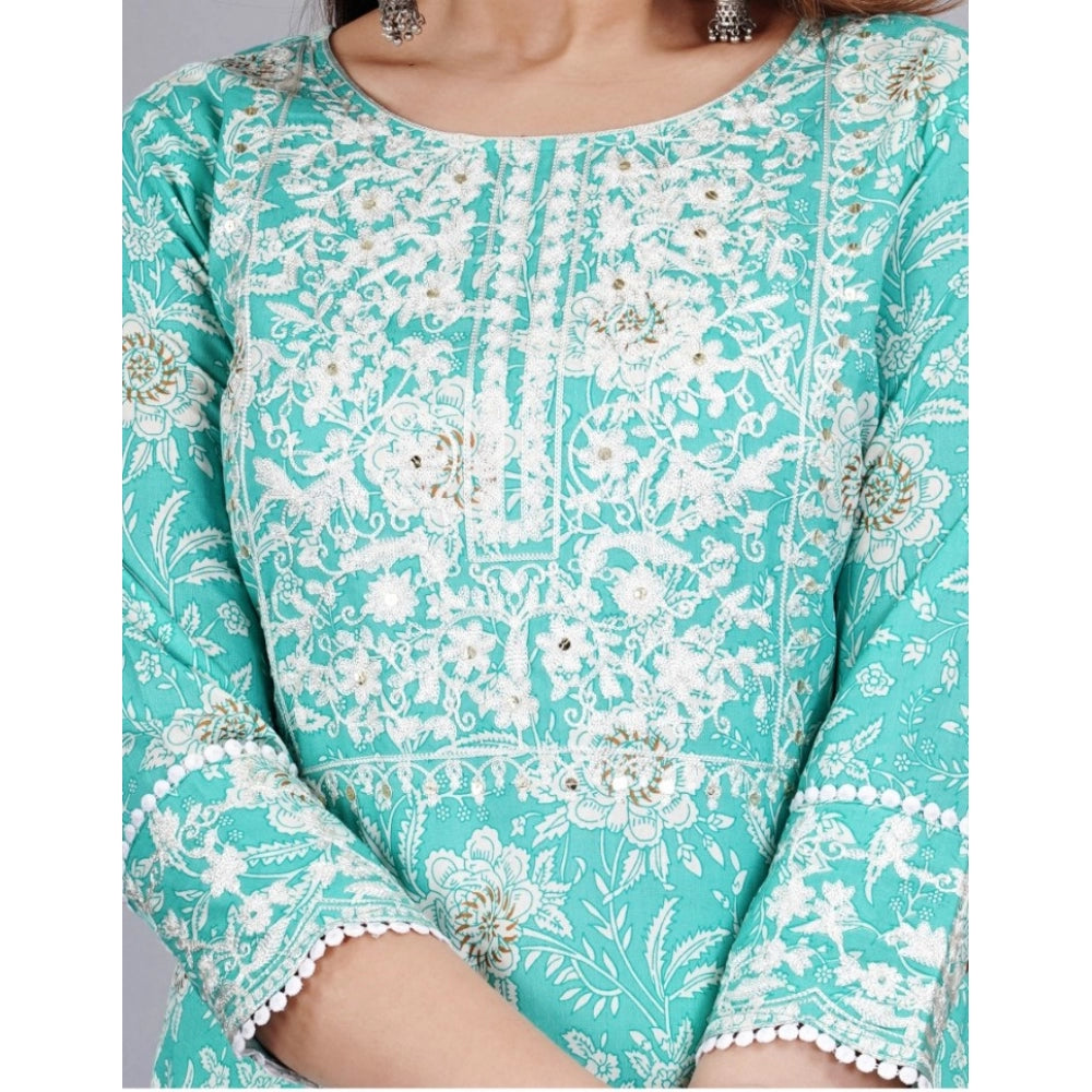 Generic Women's Casual 3/4 Sleeve Embroidered Rayon Kurti With Pant And Dupatta Set (Sea Green)