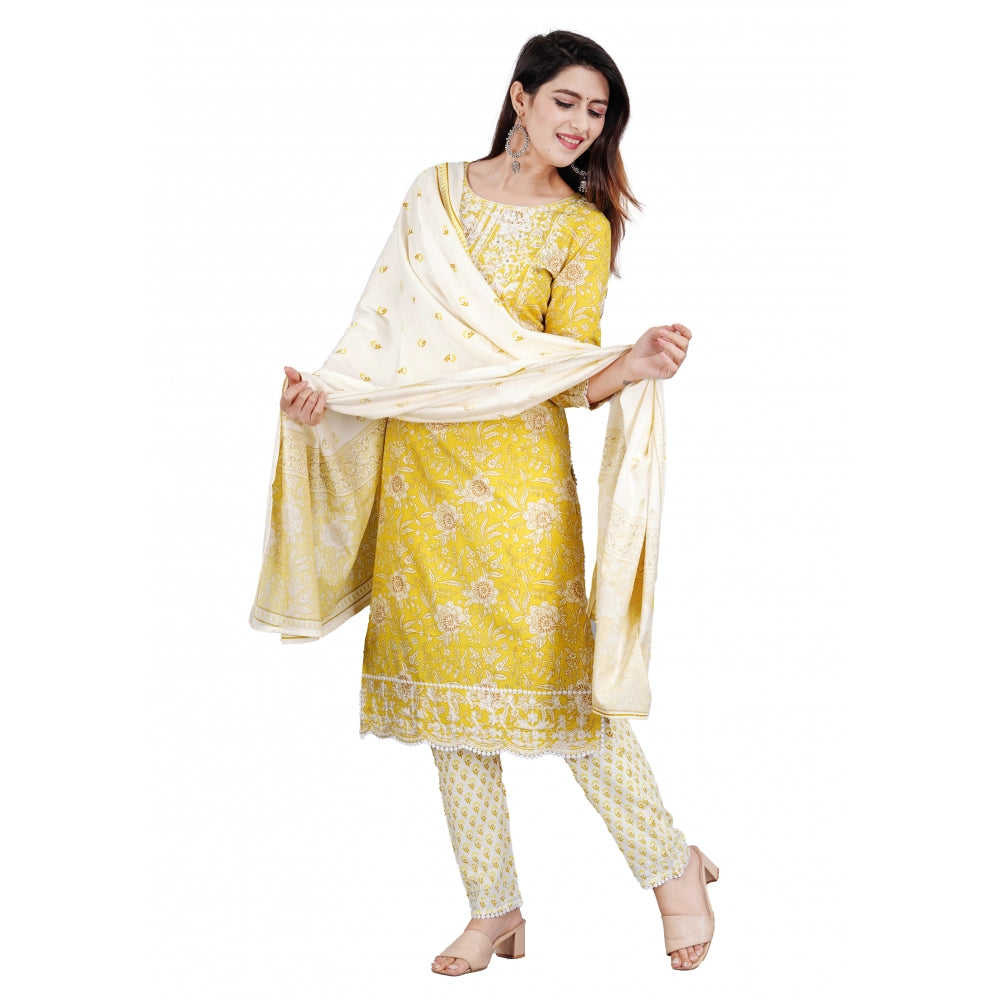 Generic Women's Casual 3/4 Sleeve Embroidered Rayon Kurti With Pant And Dupatta Set (Yellow)