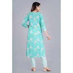 Generic Women's Casual 3/4 Sleeve Embroidered Rayon Kurti With Pant And Dupatta Set (Sea Green)