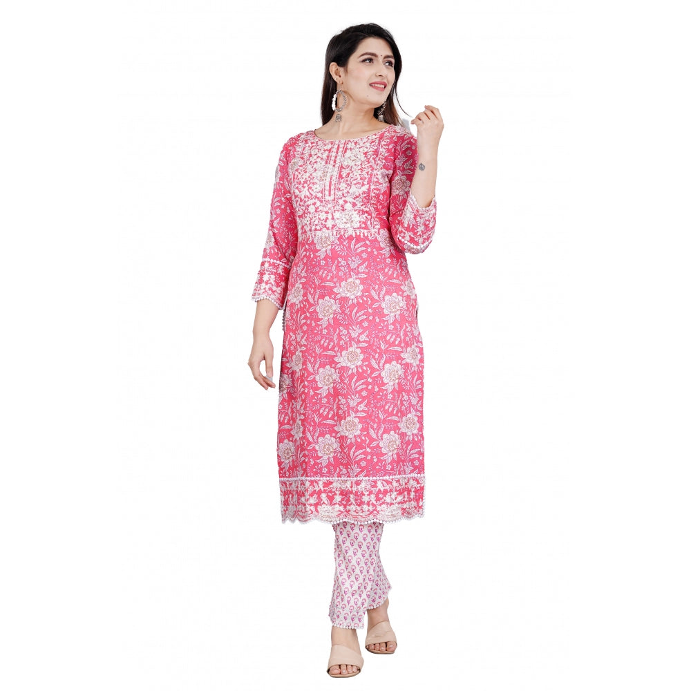 Generic Women's Casual 3/4 Sleeve Embroidered Rayon Kurti With Pant And Dupatta Set (Pink)