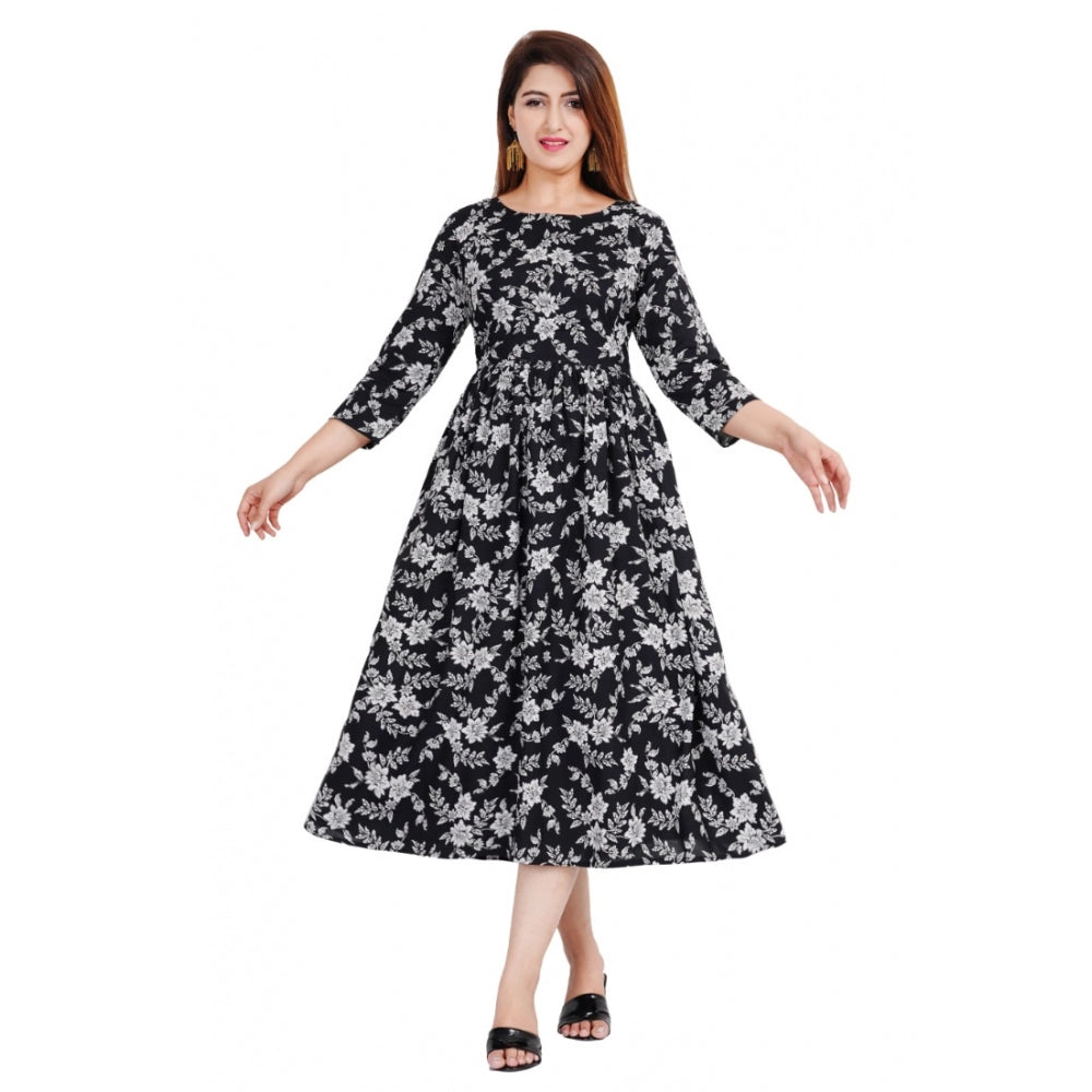 Generic Women's Casual 3/4 Sleeve Printed Viscose Maternity Feeding Kurti (Black)