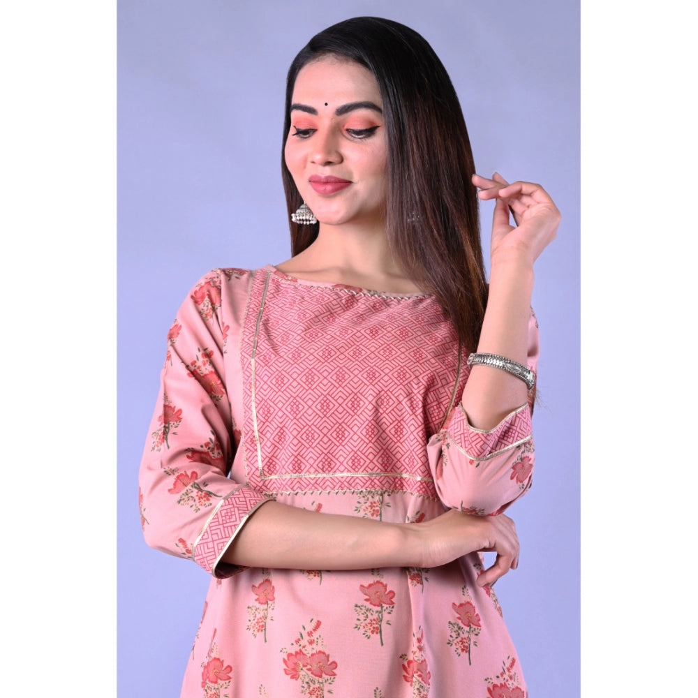 Generic Women's Casual 3/4 Sleeve Printed Rayon Kurti With Pant Set (Pink)