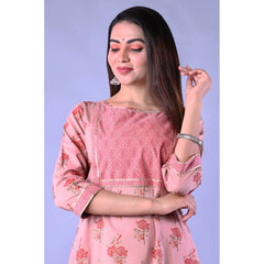 Generic Women's Casual 3/4 Sleeve Printed Rayon Kurti With Pant Set (Pink)