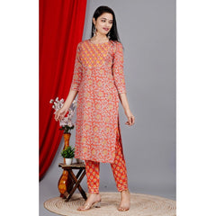 Generic Women's Casual 3/4 Sleeve Printed Rayon Kurti With Pant Set (Peach)