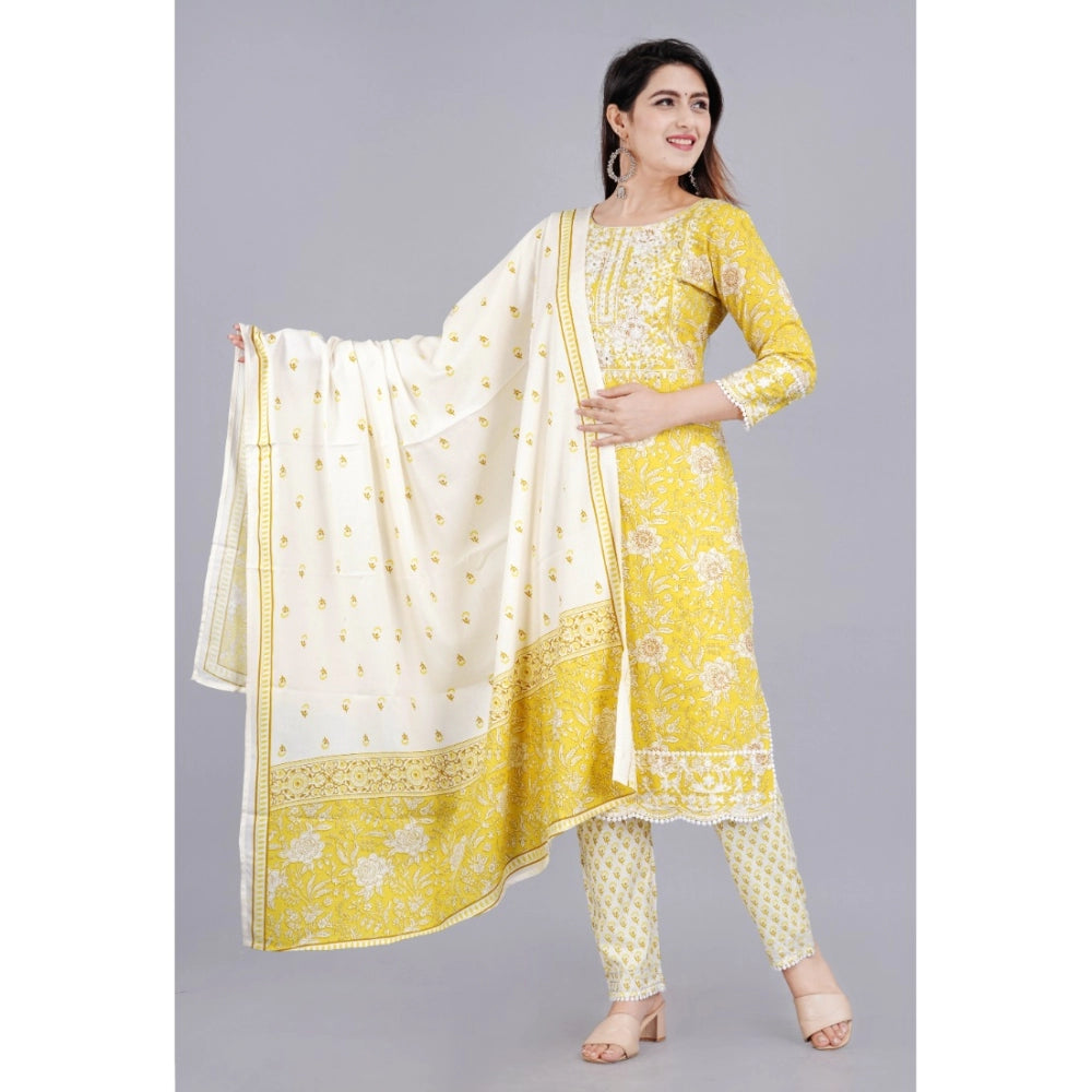 Generic Women's Casual 3/4 Sleeve Embroidered Rayon Kurti With Pant And Dupatta Set (Yellow)