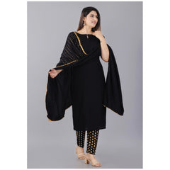 Generic Women's Casual Half Sleeve Solid Rayon Kurti With Pant And Dupatta Set (Black)