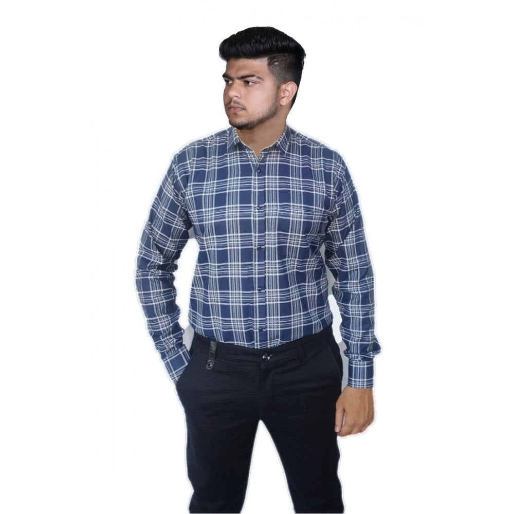 Generic Men's Cotton Lycra Full Sleeve Checked Casual Shirt (Navy Blue)