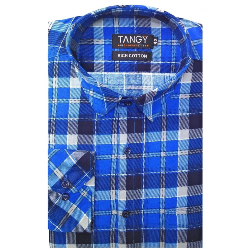 Generic Men's Cotton Lycra Full Sleeve Checked Casual Shirt (Blue)