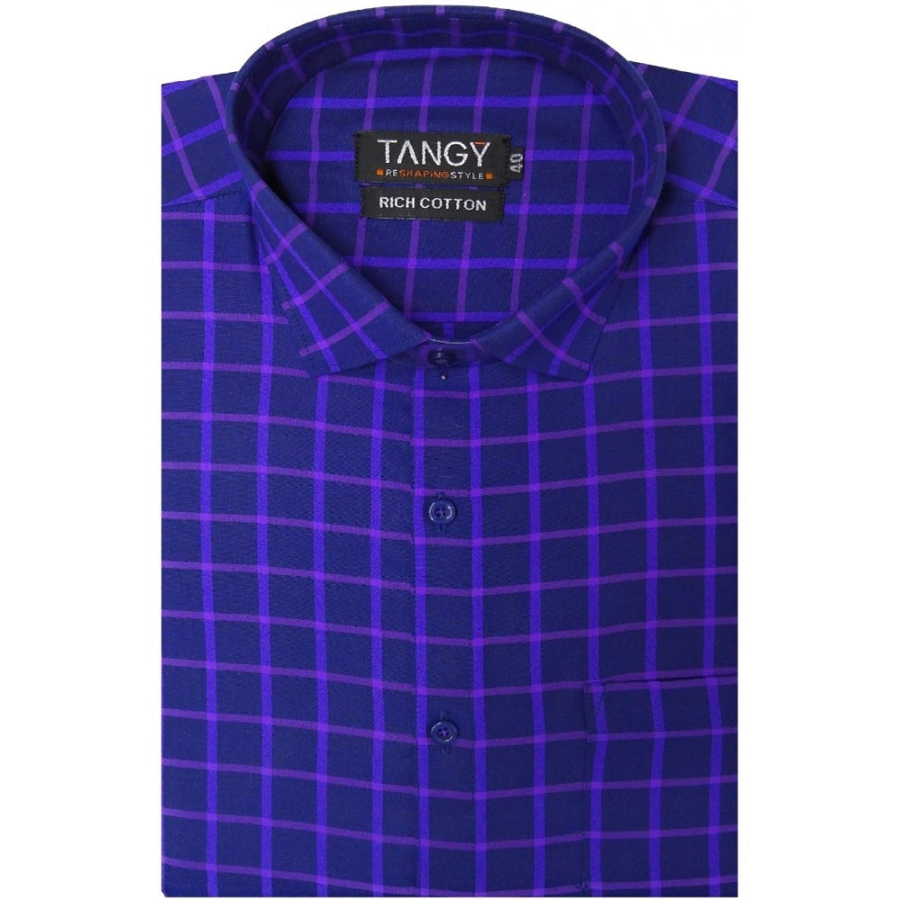 Generic Men's Cotton Lycra Full Sleeve Checked Casual Shirt (Blue Purple)