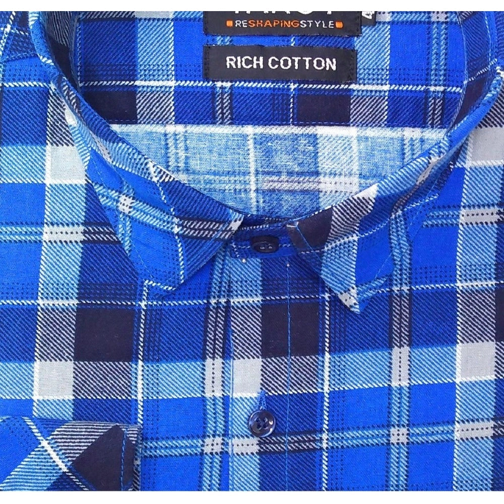 Generic Men's Cotton Lycra Full Sleeve Checked Casual Shirt (Blue)