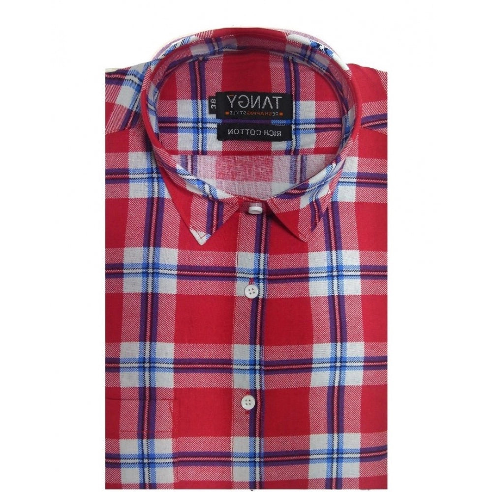 Generic Men's Cotton Lycra Full Sleeve Checked Casual Shirt (Red White)