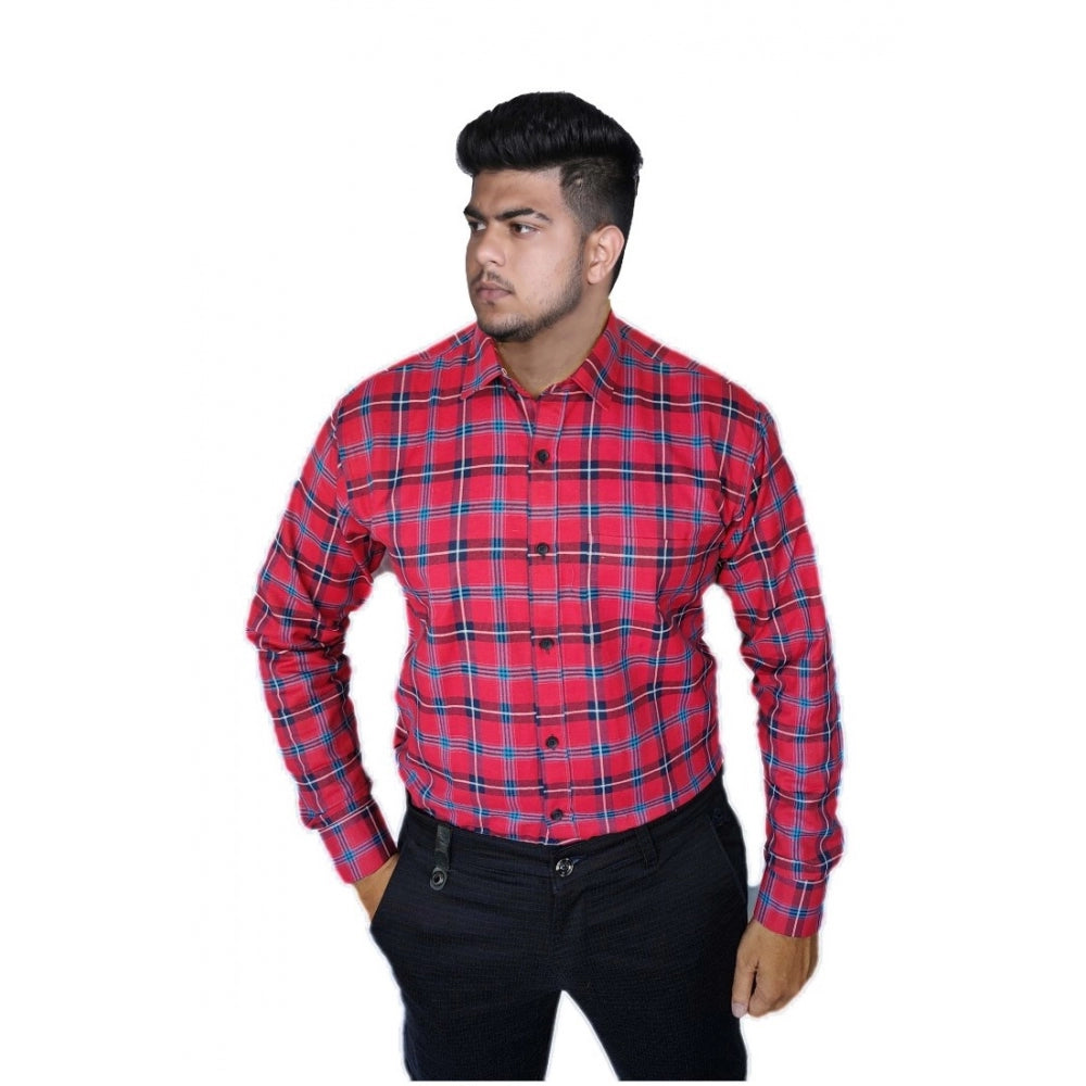 Generic Men's Cotton Lycra Full Sleeve Checked Casual Shirt (Red )