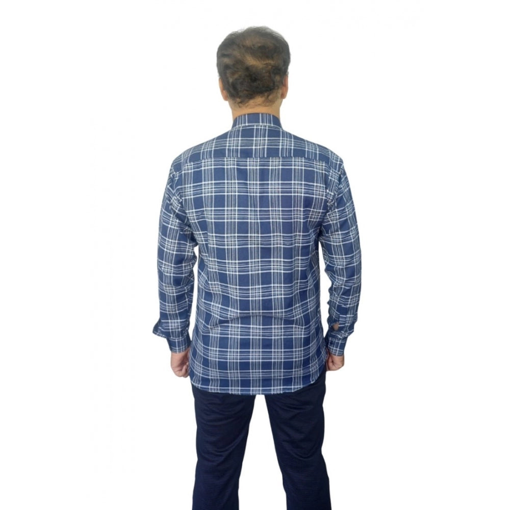 Generic Men's Cotton Lycra Full Sleeve Checked Casual Shirt (Navy Blue)