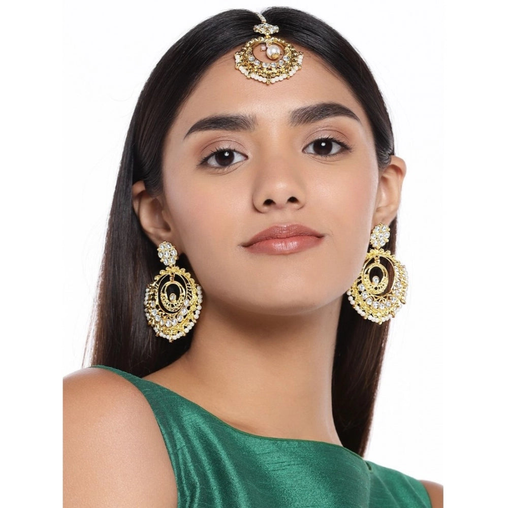 Generic Women's Rose Gold Plated Alloy Kundan Earrings &amp; Mangtikka (White)