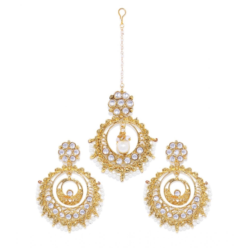 Generic Women's Rose Gold Plated Alloy Kundan Earrings &amp; Mangtikka (White)