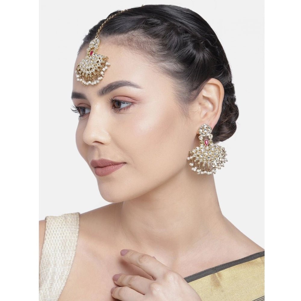 Generic Women's Rose Gold Plated Alloy Kundan Earrings &amp; Mangtikka (White)