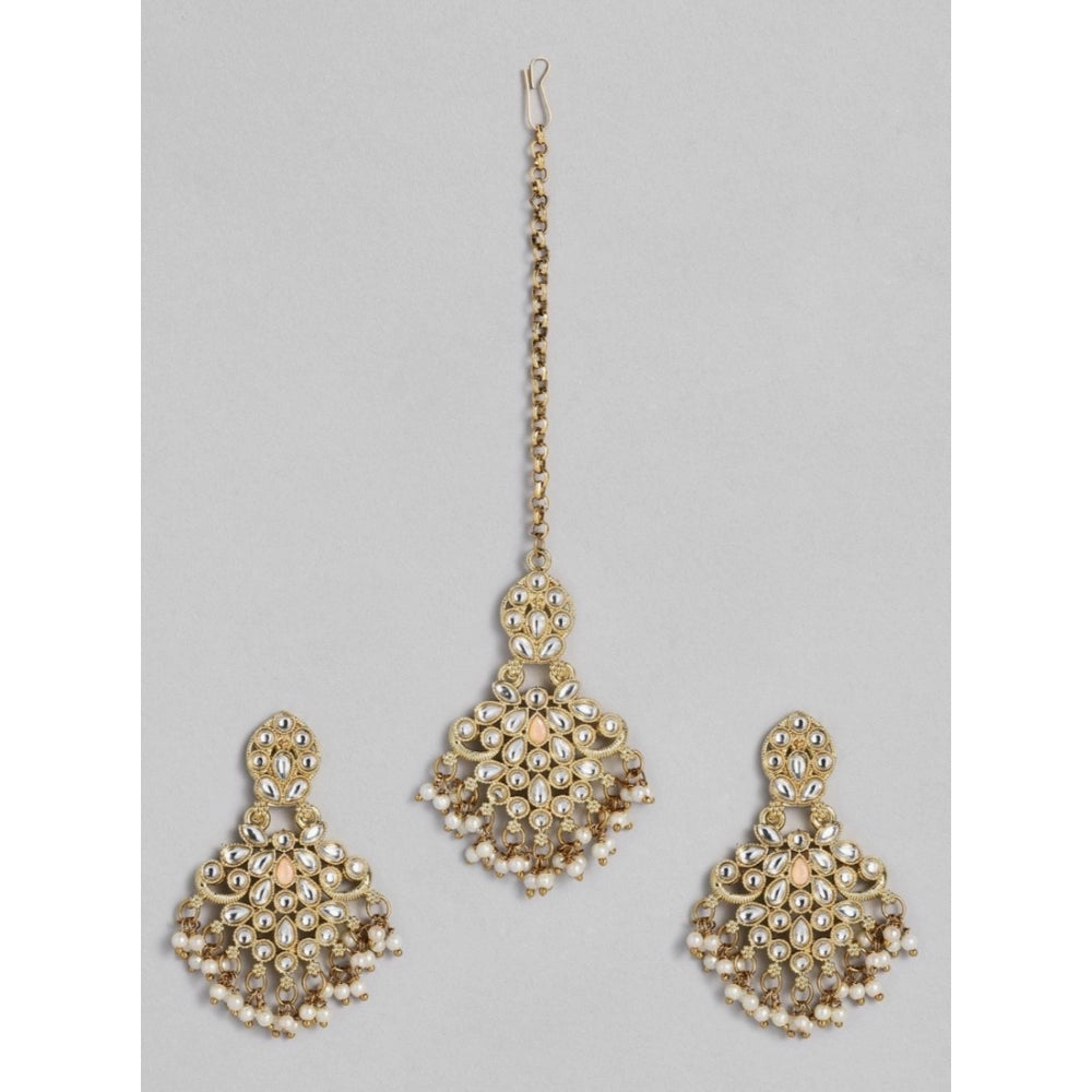 Generic Women's Rose Gold Plated Alloy Kundan Earrings &amp; Mangtikka (White)