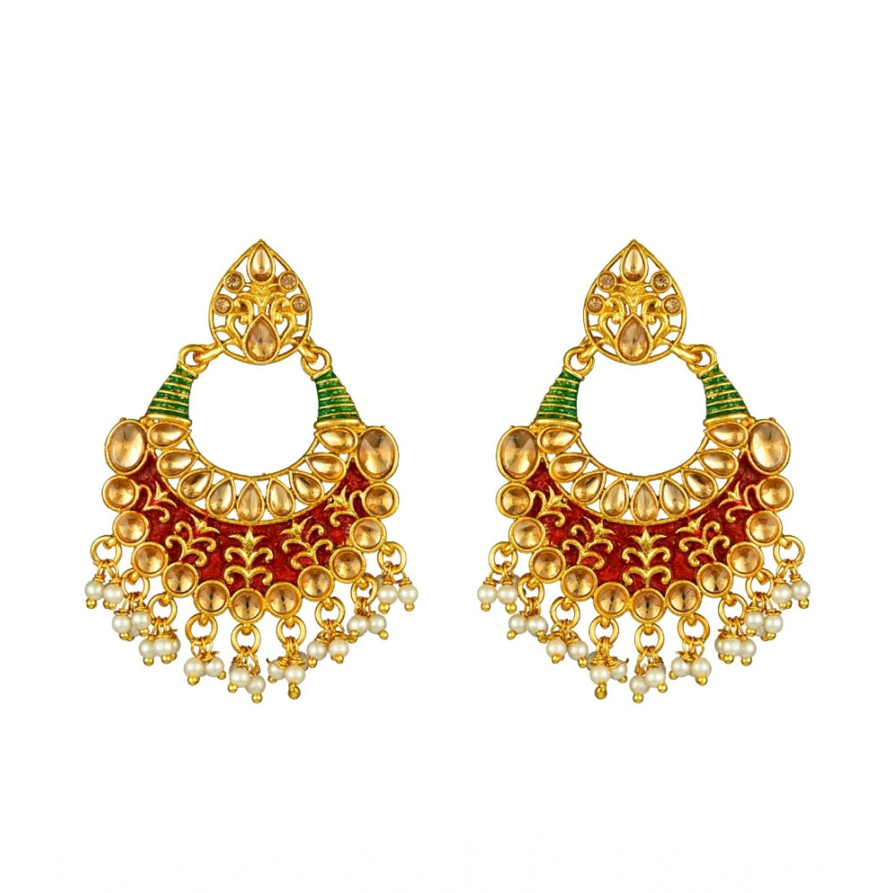 Generic Women's Rose Gold Plated Alloy Kundan Earrings &amp; Mangtikka (Red &amp; Green)