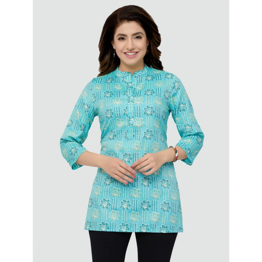 Generic Women's Casual 3/4 Sleeves Printed Rayon Short Top (Sky Blue)