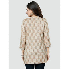 Generic Damen Lässiges, bedrucktes kurzes Viskose-Top mit 3/4-Ärmeln (Beige)