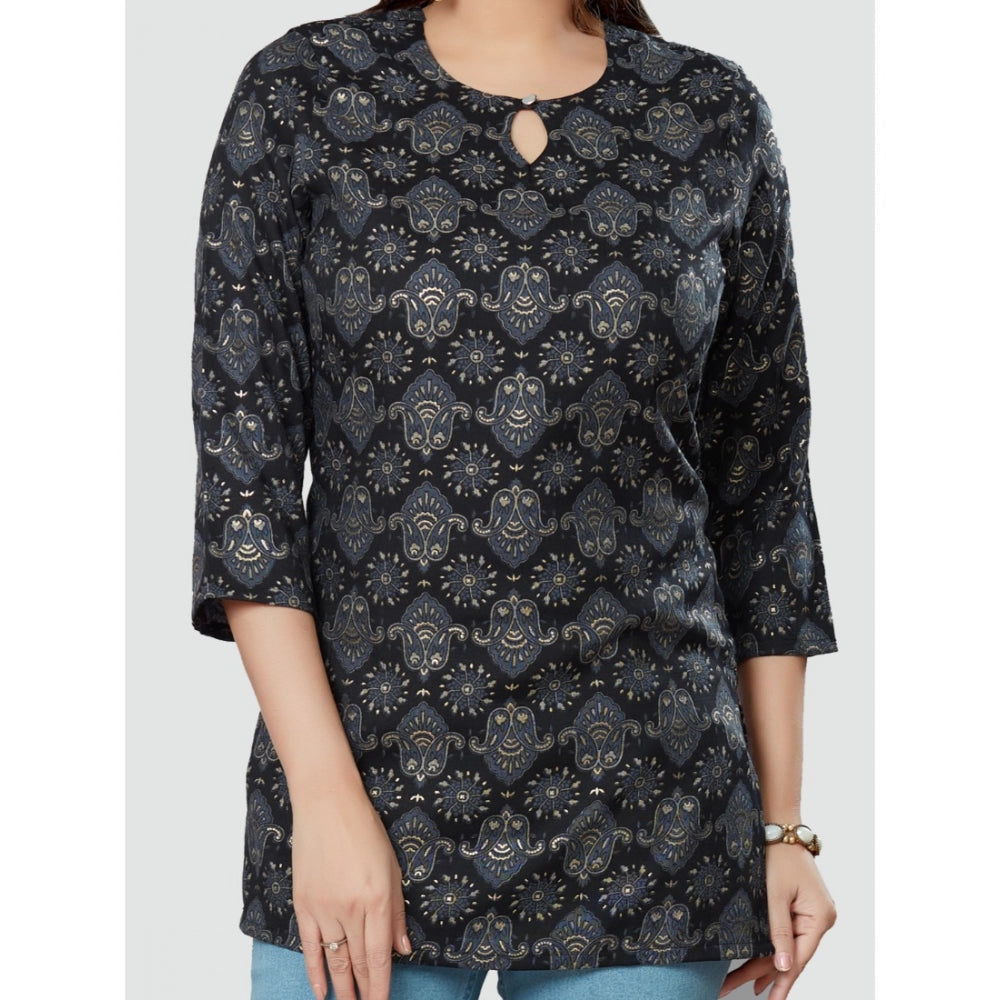 Generic Women's Casual 3/4 Sleeves Printed Rayon Short Top (Black)