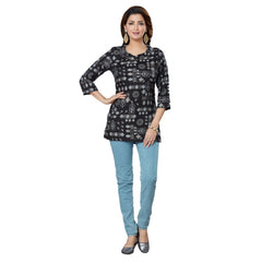 Generic Women's Casual 3/4 Sleeves Printed Rayon Short Top (Black)