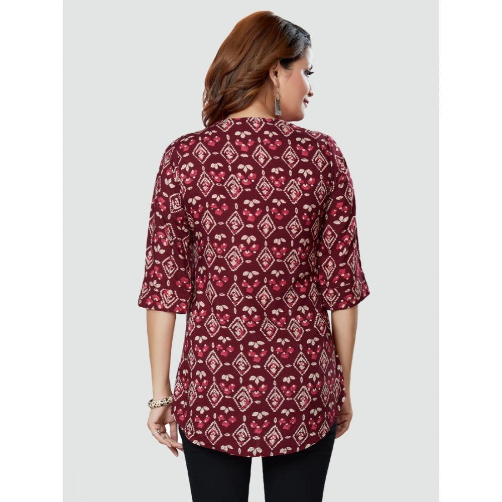 Generic Women's Casual 3/4 Sleeves Printed Rayon Short Top (Wine)