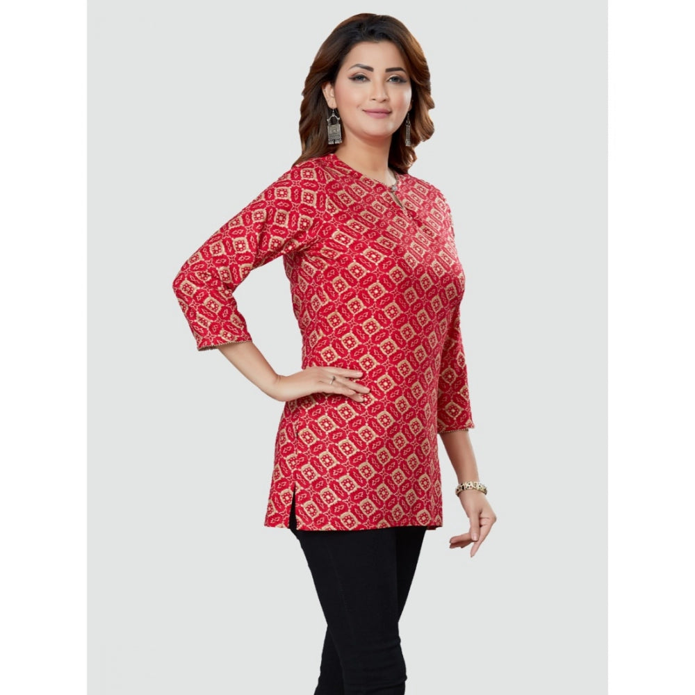 Generic Women's Casual 3/4 Sleeves Printed Rayon Short Top (Red)