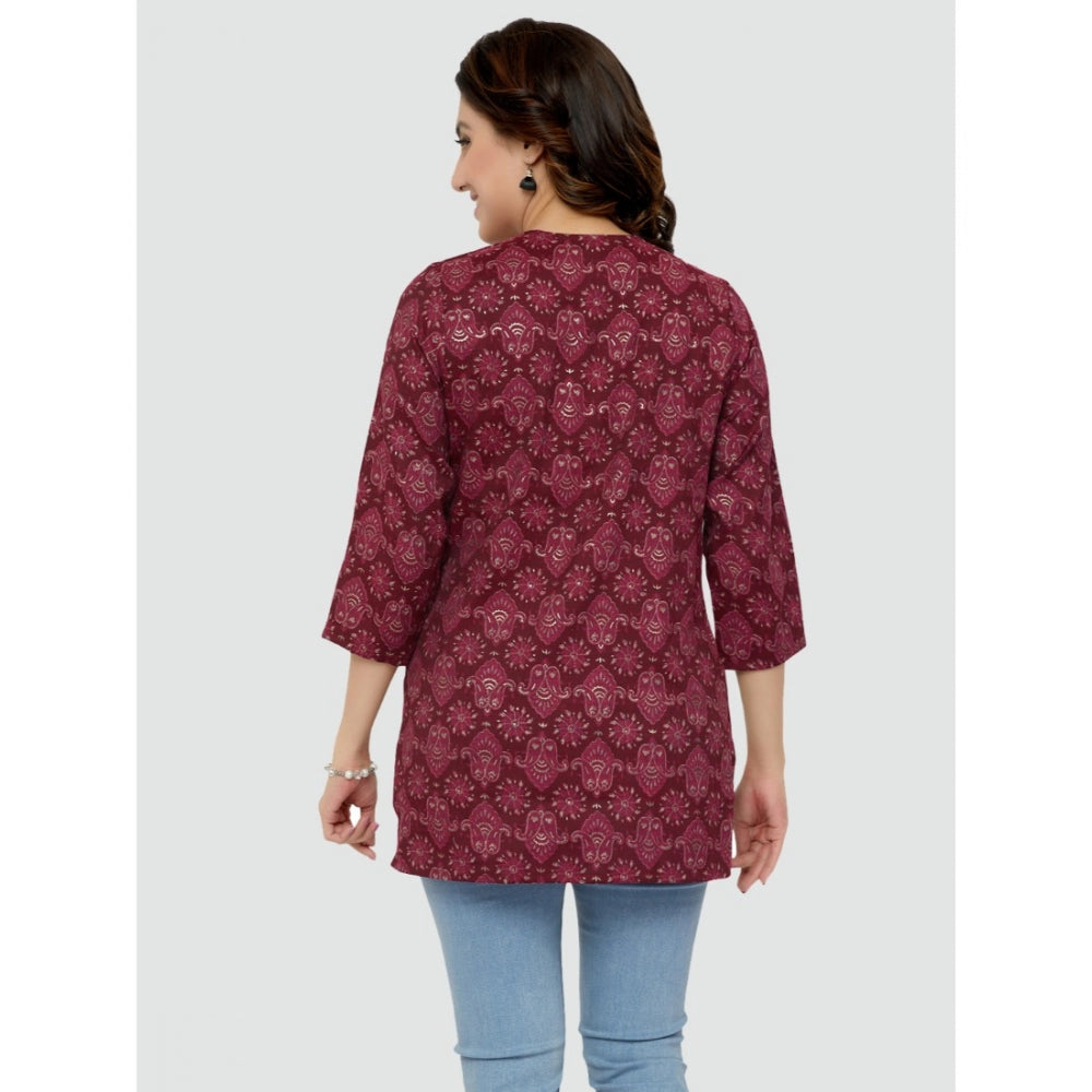 Generic Women's Casual 3/4 Sleeves Printed Rayon Short Top (Maroon)